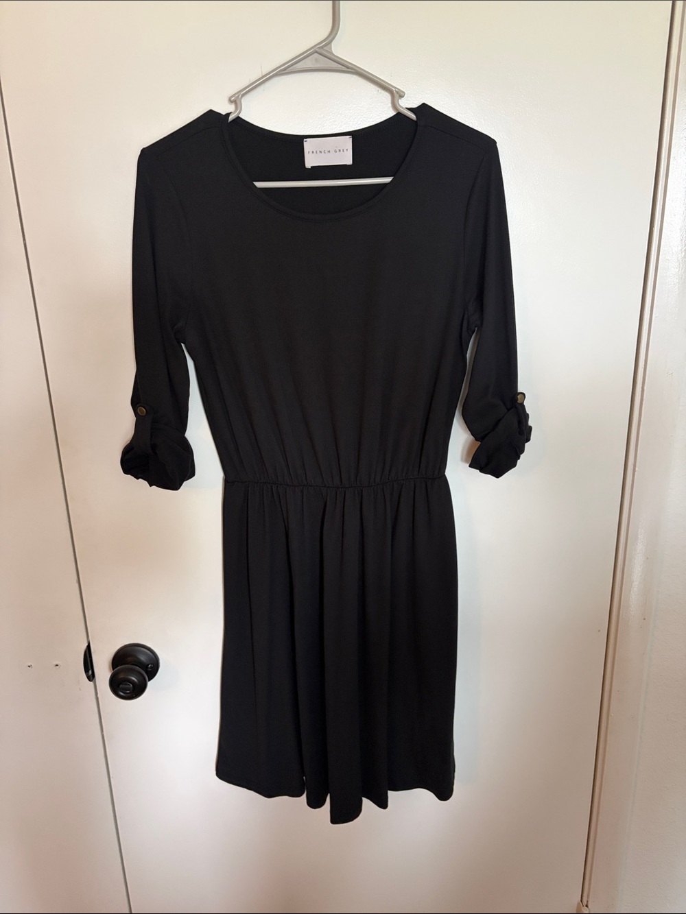 French Grey Black Roll-Tab Sleeve Gathered Waist Dress